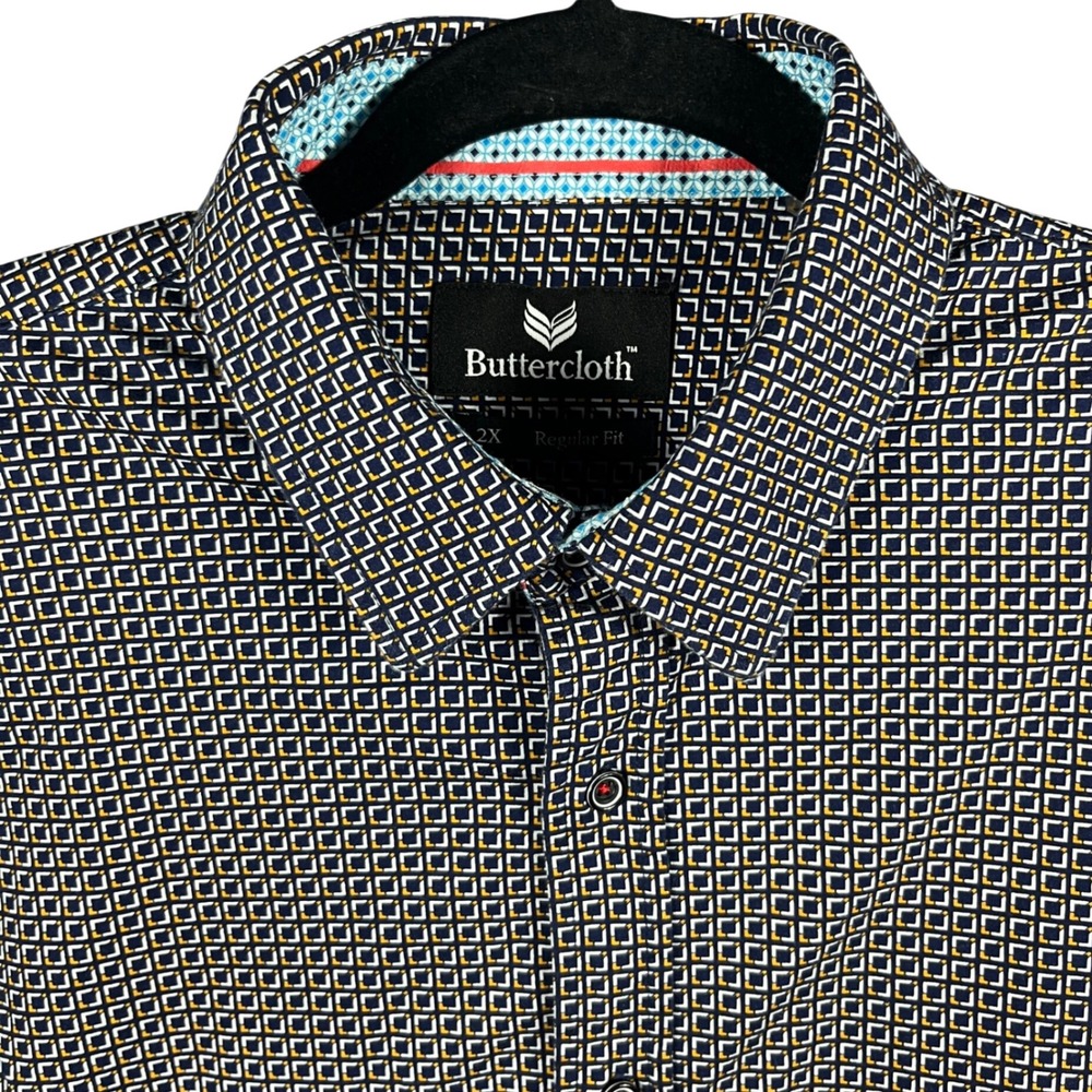 Buttercloth Button Down Shirt Men 2X Navy‎ Gold Geometric Square Regular Fit